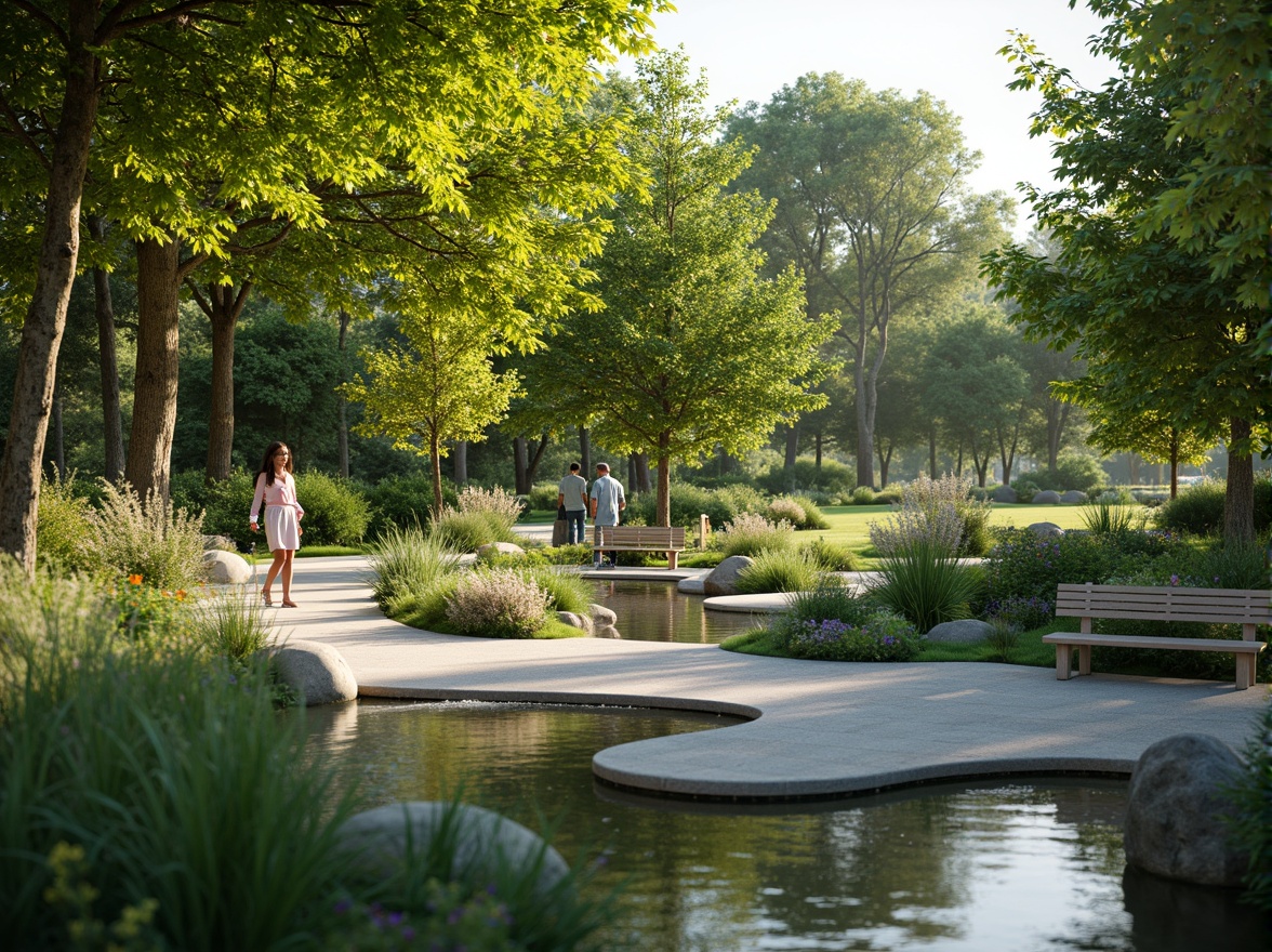 Prompt: Soothing healing garden, lush greenery, calming water features, serene walking paths, natural stone benches, vibrant flowers, gentle slopes, wheelchair-accessible ramps, sensory gardens, aromatic herbs, soft rustling leaves, warm sunny day, dappled shade, shallow depth of field, 1/1 composition, realistic textures, ambient occlusion, peaceful atmosphere.