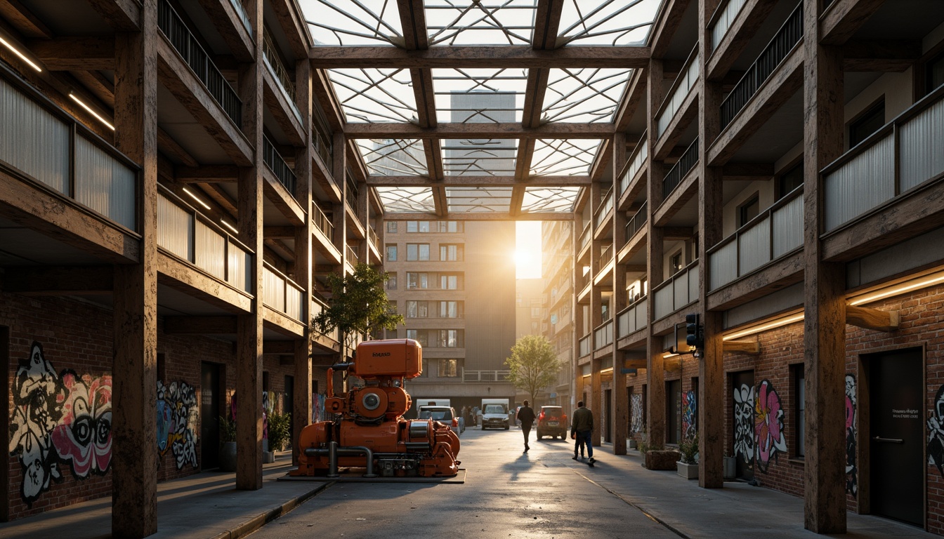 Prompt: Industrial warehouse, exposed brick walls, metallic beams, reclaimed wood accents, neon lights, futuristic machinery, robotic arms, cyberpunk-inspired graffiti, urban cityscape, misty atmosphere, warm golden lighting, shallow depth of field, 1/2 composition, cinematic view, realistic textures, ambient occlusion, rusty metal cladding, corrugated iron sheets, transparent glass roofs, cantilevered structures, angular lines, minimalist design, innovative materials, high-tech gadgets.