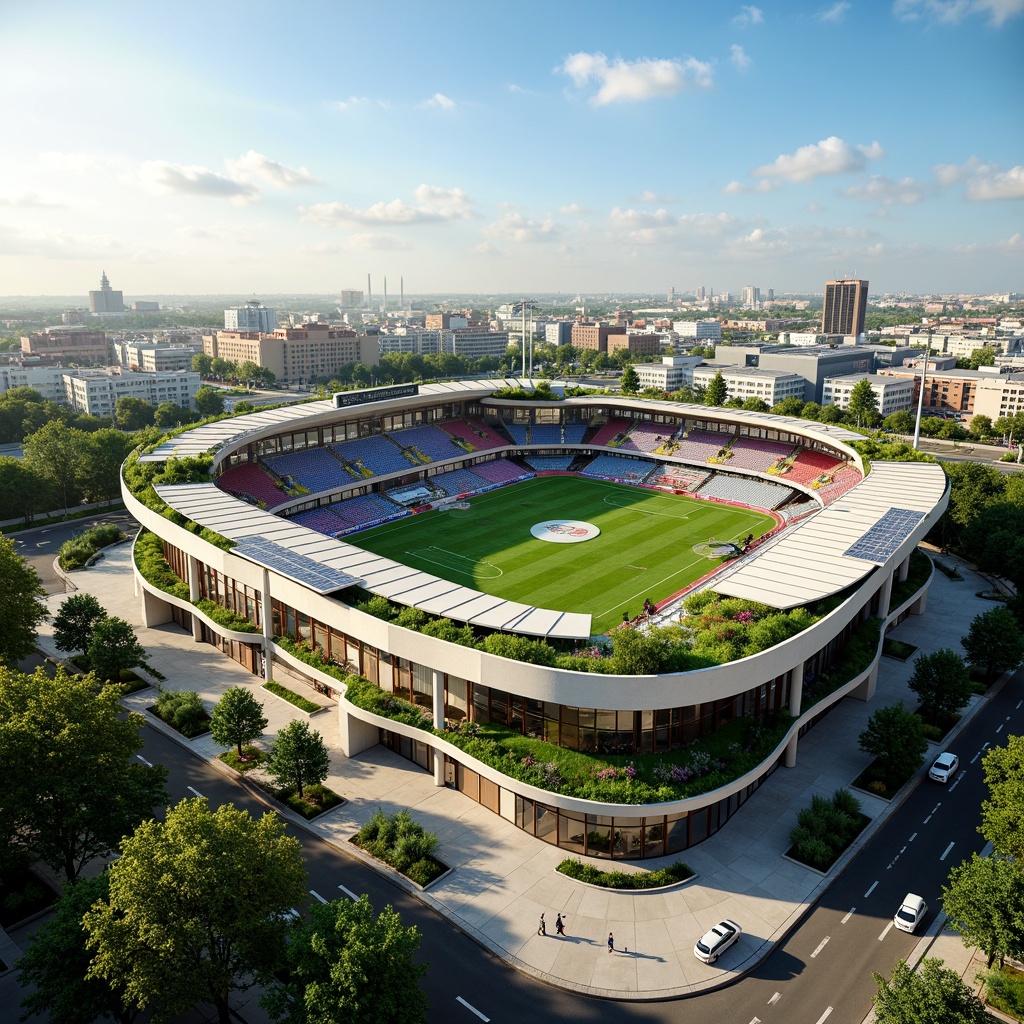 Prompt: Eco-friendly soccer stadium, lush green roofs, solar panels, wind turbines, rainwater harvesting systems, recycled materials, natural ventilation, large windows, transparent fa\u00e7ade, minimal carbon footprint, energy-efficient lighting, organic food vendors, composting facilities, bicycle parking, electric vehicle charging stations, public transportation access, pedestrian-friendly surroundings, vibrant urban landscape, clear blue sky, warm sunny day, soft natural lighting, shallow depth of field, 3/4 composition, panoramic view, realistic textures, ambient occlusion.