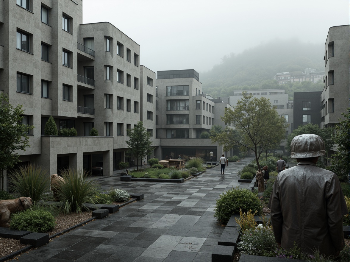 Prompt: Rugged university campus, brutalist architecture, raw concrete facades, fortress-like buildings, geometric shapes, industrial materials, metallic accents, bold color schemes, abstract sculptures, urban landscape, overcast skies, dramatic shadows, high-contrast lighting, cinematic composition, 1/2 frame ratio, atmospheric fog, realistic textures, ambient occlusion.