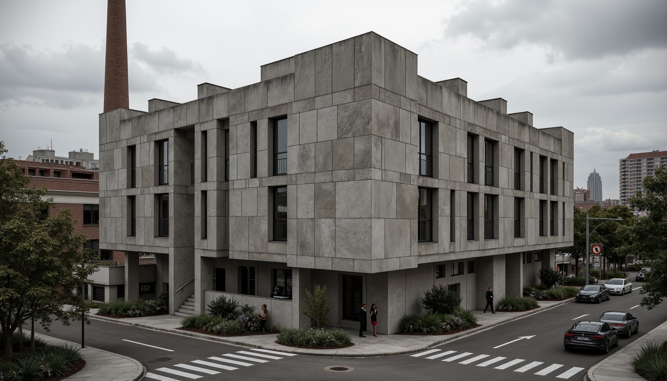 Prompt: Rugged community center, brutalist architecture, raw concrete fa\u00e7ade, fortress-like structure, geometric shapes, bold lines, industrial materials, metal beams, exposed ductwork, urban landscape, cityscape background, overcast sky, dramatic shadows, high-contrast lighting, 1/2 composition, symmetrical framing, gritty textures, ambient occlusion.