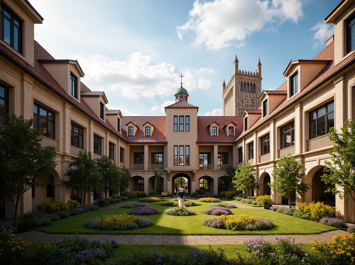 Prompt: Grand university building, ornate roof tiling, Gothic arches, ribbed vaults, flying buttresses, stained glass skylights, intricate stone carvings, classical columns, symmetrical fa\u00e7ade, imposing clock tower, lush greenery, vibrant flowers, sunny day, soft warm lighting, shallow depth of field, 3/4 composition, panoramic view, realistic textures, ambient occlusion.