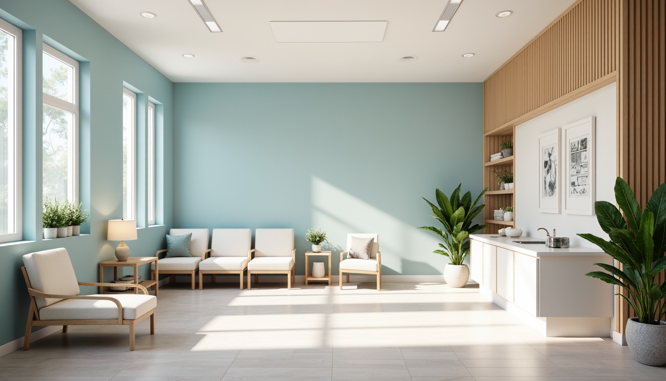 Prompt: Calming medical clinic, soothing color scheme, pastel shades, gentle blues, whites, creams, warm beige tones, natural wood accents, comfortable waiting areas, modern medical equipment, sterile environments, soft indirect lighting, 1/2 composition, shallow depth of field, realistic textures, ambient occlusion.