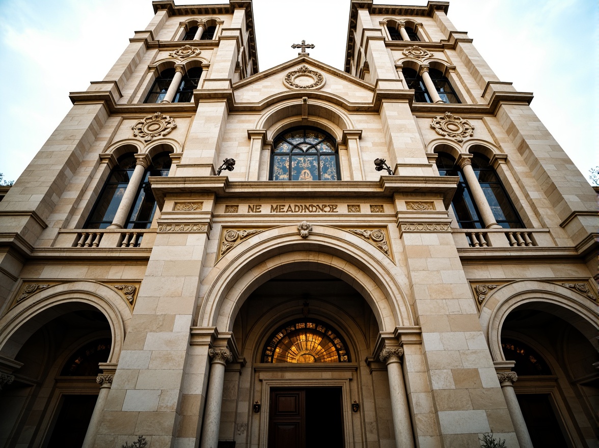 Prompt: Grandiose church facade, ornate stone carvings, symmetrical composition, soaring bell towers, intricate stained glass windows, majestic entrance archways, rusticated quoins, Corinthian columns, decorative pilasters, ornamental pediments, subtle weathered stone textures, warm golden lighting, soft focus, shallow depth of field, 2/3 composition, realistic architectural details, ambient occlusion.