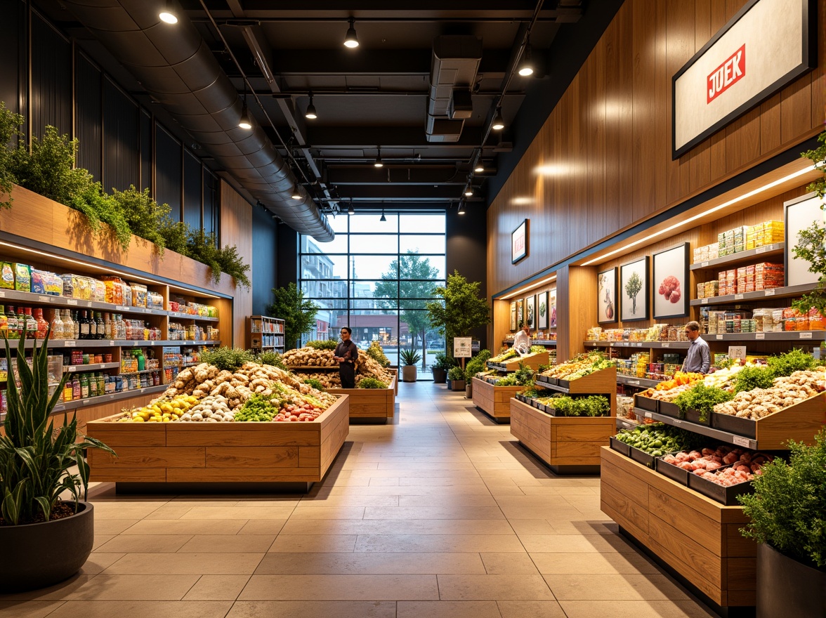 Prompt: Vibrant grocery store interior, warm beige walls, rich wood accents, fresh greenery, natural stone flooring, earthy terracotta tiles, bright LED lighting, colorful product displays, modern shelving units, sleek metal fixtures, bold signage, lively orange and yellow hues, calming blue tones, inviting atmosphere, shallow depth of field, 1/1 composition, realistic textures, ambient occlusion.