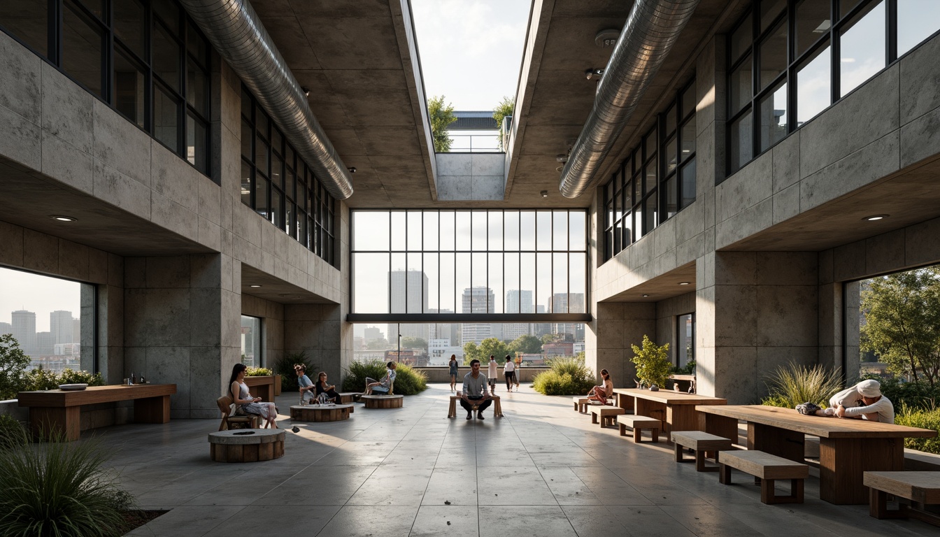 Prompt: Rugged community center, brutalist architecture, raw concrete walls, exposed ductwork, industrial metal beams, natural light pouring in, large skylights, clerestory windows, urban landscape views, gritty cityscape, overcast sky, soft diffused lighting, high contrast shadows, dramatic architectural angles, bold structural elements, minimalist interior design, functional simplicity, communal gathering spaces, reclaimed wood accents, earthy color palette, organic textures, 3/4 composition, cinematic framing, realistic render.