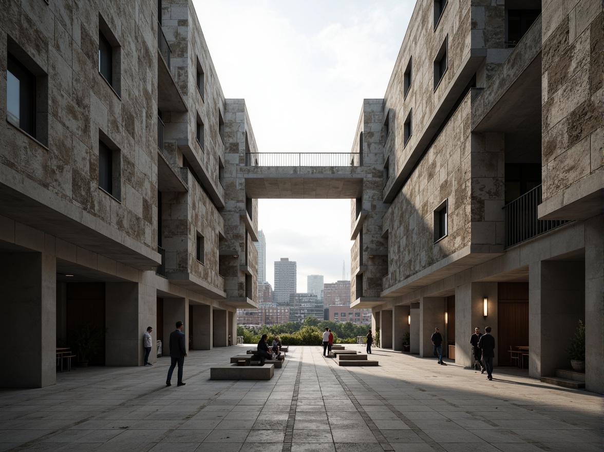 Prompt: Rough-hewn concrete walls, rugged stone facades, brutalist community center, angular geometric shapes, fortress-like structures, raw industrial materials, exposed ductwork, minimalist interior design, functional spaces, natural light pouring in, urban cityscape backdrop, overcast skies, dramatic shadows, high-contrast lighting, 1/1 composition, symmetrical framing, gritty realistic textures, ambient occlusion.