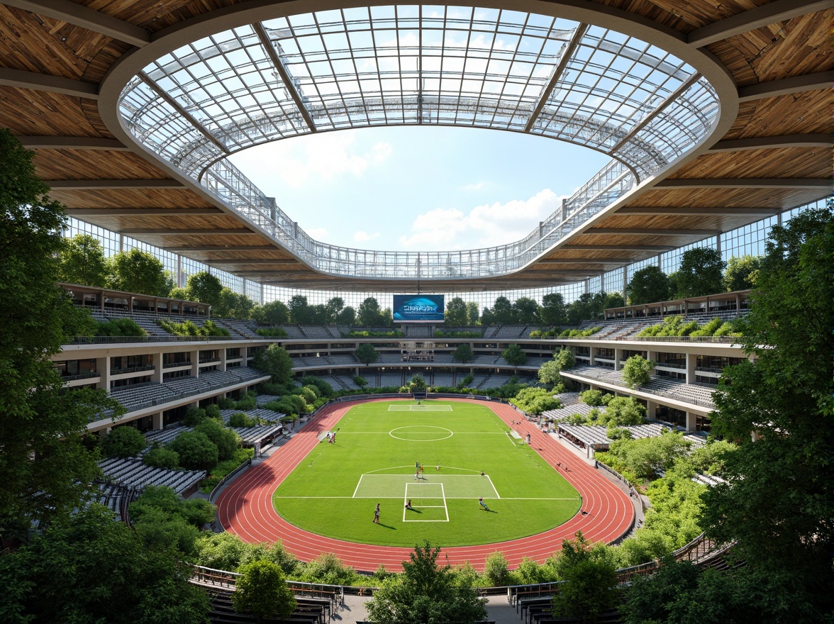 Prompt: Transparent stadium roof, lush greenery, organic curves, natural ventilation, earthy tones, reclaimed wood accents, living walls, bio-inspired columns, undulating seating areas, dynamic lighting systems, misting cooling technologies, panoramic views, shallow depth of field, 3/4 composition, realistic textures, ambient occlusion, vibrant athletic tracks, modern scoreboard displays, sleek athlete sculptures, eco-friendly materials, sustainable energy solutions.