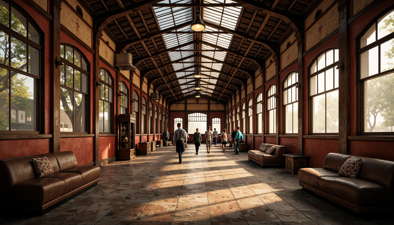 Prompt: Vintage train station, eclectic mix of materials, exposed brick walls, rusty metal beams, reclaimed wood accents, ornate ironwork, stained glass ceilings, intricate tile mosaics, distressed leather benches, antique luggage racks, industrial-style lighting fixtures, warm golden lighting, shallow depth of field, 1/1 composition, realistic textures, ambient occlusion.