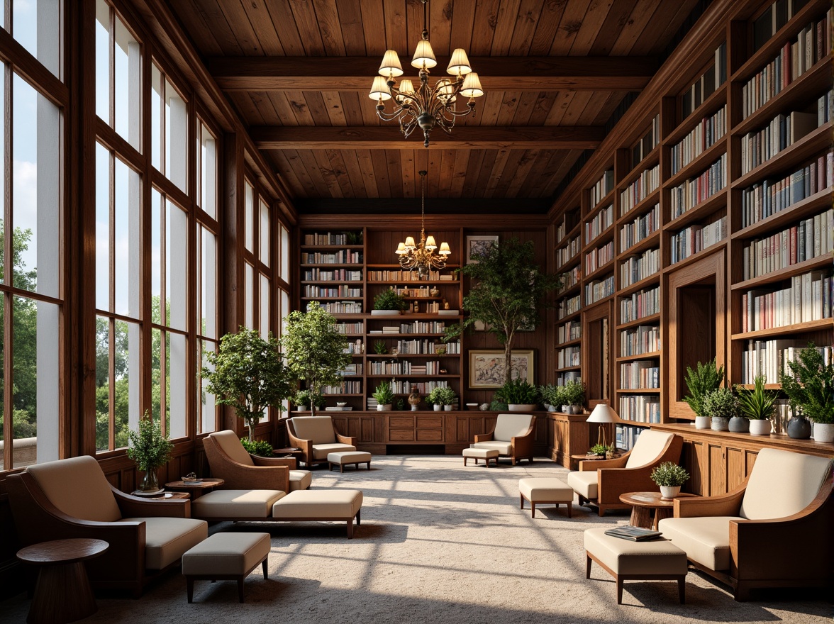 Prompt: Cozy library atmosphere, warm wooden shelves, comfortable reading nooks, soft cushioned chairs, rich leather-bound books, vintage bookcases, elegant chandeliers, calming color scheme, earthy tones, soothing blues, muted greens, creamy whites, warm beige, rustic wood accents, natural stone walls, floor-to-ceiling windows, abundant natural light, subtle texture overlays, realistic material reflections, 1/1 composition, intimate close-up shots, softbox lighting.