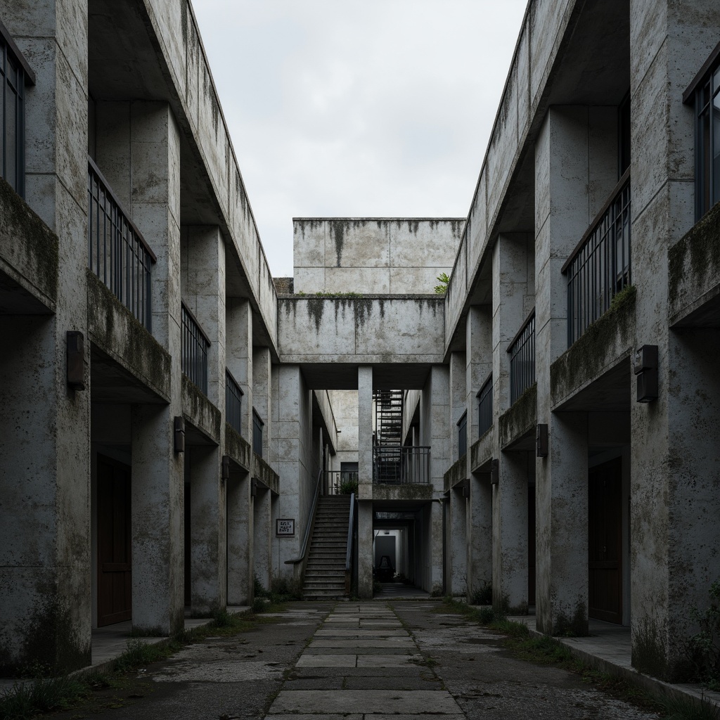 Prompt: Rough-hewn concrete walls, rugged stone textures, brutalist architecture, fortress-like structures, imposing monumental scale, dramatic shadows, harsh geometric lines, industrial materials, exposed ductwork, raw unfinished surfaces, urban cityscape, overcast sky, moody atmospheric lighting, high-contrast photography, 1/2 composition, symmetrical framing, gritty realistic render.