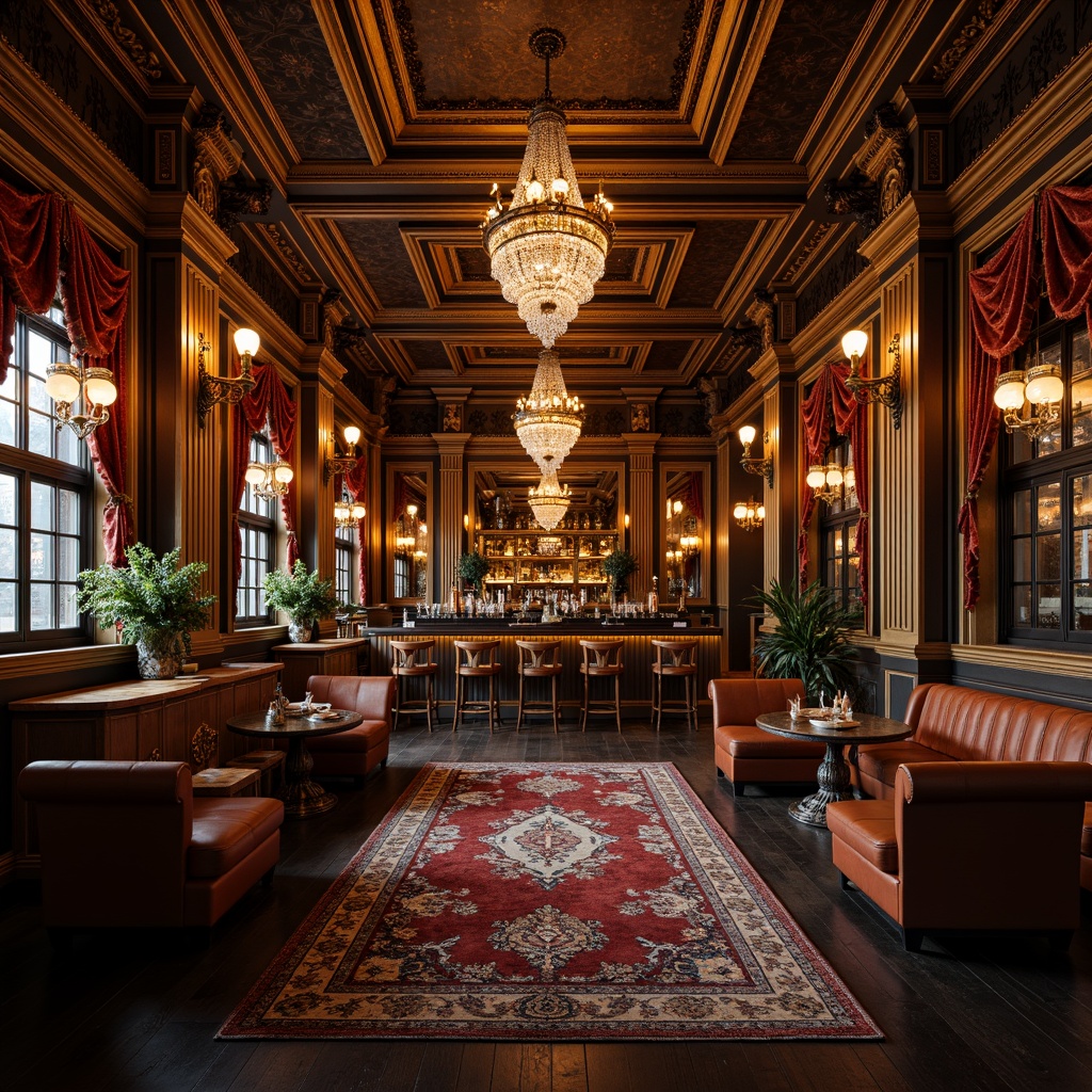 Prompt: Intricate pub interior, ornate Baroque details, gilded moldings, carved wooden panels, luxurious velvet drapes, crystal chandeliers, ornamental mirrors, richly patterned rugs, lavish furnishings, golden accents, warm candlelight, soft focus, shallow depth of field, 1/2 composition, atmospheric perspective, realistic textures, ambient occlusion.