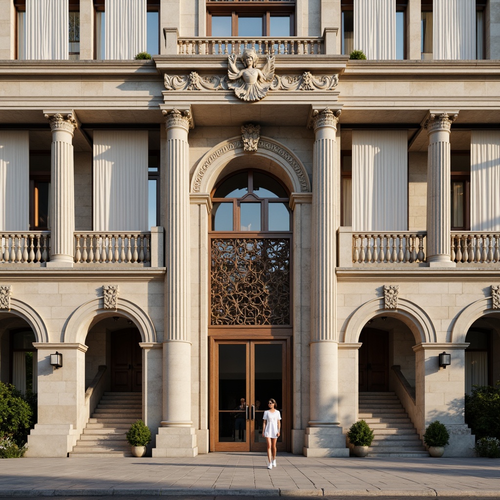 Prompt: Grandiose building facade, ornate columns, intricately carved details, symmetrical composition, classical proportions, limestone or marble materials, subtle color palette, soft natural light, warm afternoon ambiance, shallow depth of field, 2/3 composition, realistic textures, ambient occlusion, ornamental balustrades, decorative friezes, sculpted pediments, grand entranceways, sweeping staircases, elegant archways, refined moldings, luxurious ornamentation.