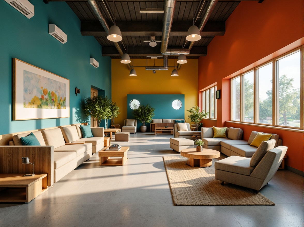 Prompt: Vibrant student lounge, bold accent walls, warm beige furniture, rich wood tones, calming blue-green hues, natural textiles, industrial metal accents, modern minimalist decor, cozy reading nooks, comfortable seating areas, abundant natural light, soft warm lighting, 1/1 composition, realistic textures, ambient occlusion.