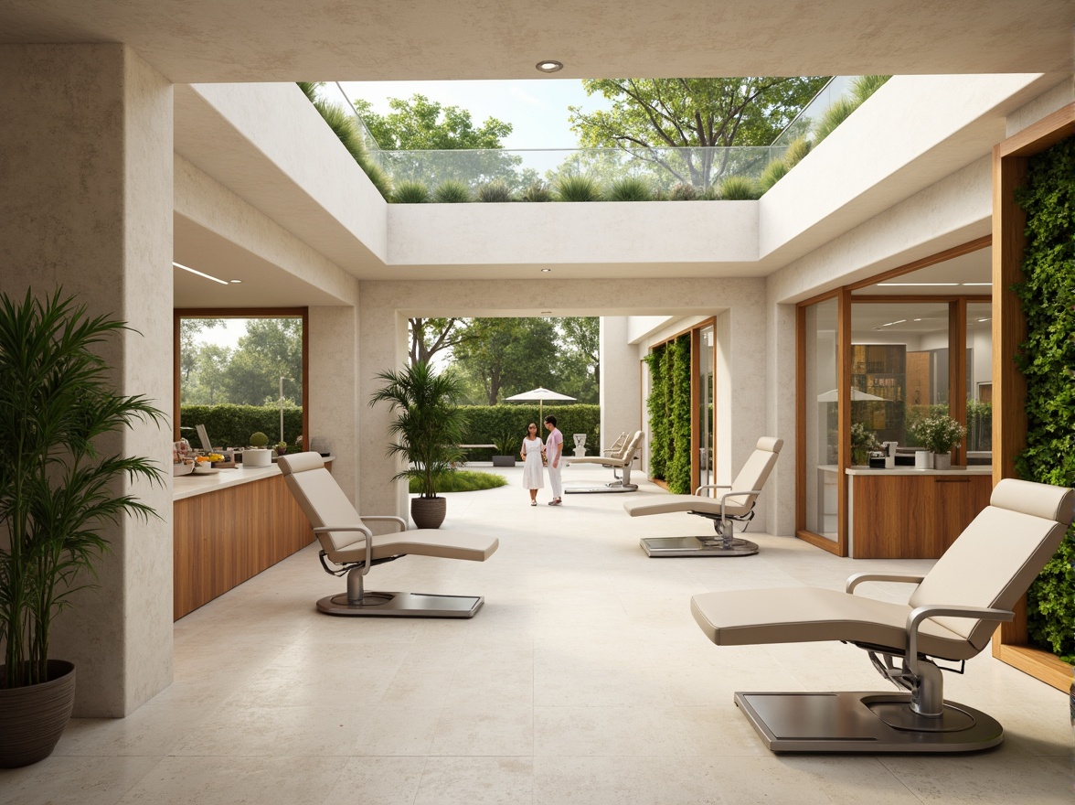 Prompt: Spacious dental clinic, natural ventilation systems, large windows, clerestory windows, skylights, green roofs, living walls, air-purifying plants, calming ambiance, soft diffused lighting, warm beige tones, minimalist decor, ergonomic furniture, stainless steel equipment, modern dental chairs, gentle color scheme, soothing atmosphere, shallow depth of field, 1/1 composition, realistic textures, ambient occlusion.