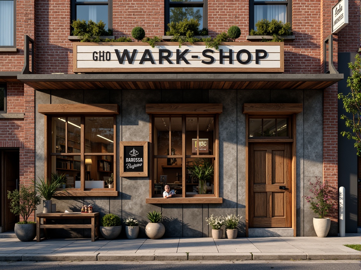 Prompt: Rustic workshop facade, distressed wooden planks, metal cladding, industrial-style windows, exposed brick walls, vintage signage, eclectic architectural details, warm earthy tones, natural stone foundations, overhanging roofs, asymmetrical composition, dramatic shadows, soft diffused lighting, 1/2 composition, realistic textures, ambient occlusion.