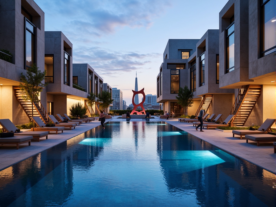 Prompt: Geometric pool shape, fragmented concrete walls, industrial metal ladders, futuristic water features, dynamic LED lighting, abstract sculptures, minimalist lounge chairs, bold color accents, urban rooftop setting, cityscape views, warm summer evening, dramatic shadows, high contrast ratio, 1/1 composition, symmetrical reflection, realistic water simulation.