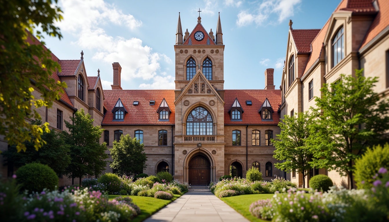 Prompt: Grand university building, ornate roof tiling, Gothic arches, ribbed vaults, flying buttresses, stained glass skylights, intricate stone carvings, classical columns, symmetrical fa\u00e7ade, imposing clock tower, lush greenery, vibrant flowers, sunny day, soft warm lighting, shallow depth of field, 3/4 composition, panoramic view, realistic textures, ambient occlusion.