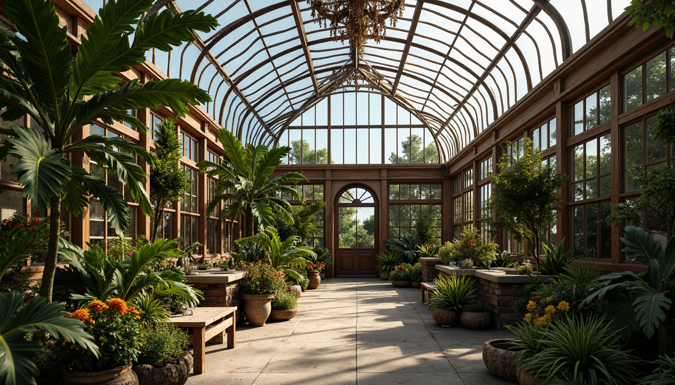 Prompt: Ornate greenhouse, lush tropical plants, exotic flowers, curved glass roofs, ornamental metal frames, natural stone walls, rustic wooden accents, vintage gardening tools, distressed finishes, earthy color palette, warm soft lighting, shallow depth of field, 1/1 composition, intimate close-up shots, realistic textures, ambient occlusion, innovative translucent materials, energy-efficient systems, sustainable building practices, eco-friendly insulation, recycled glass components, living walls, green roofs, organic shapes, intricate botanical patterns.