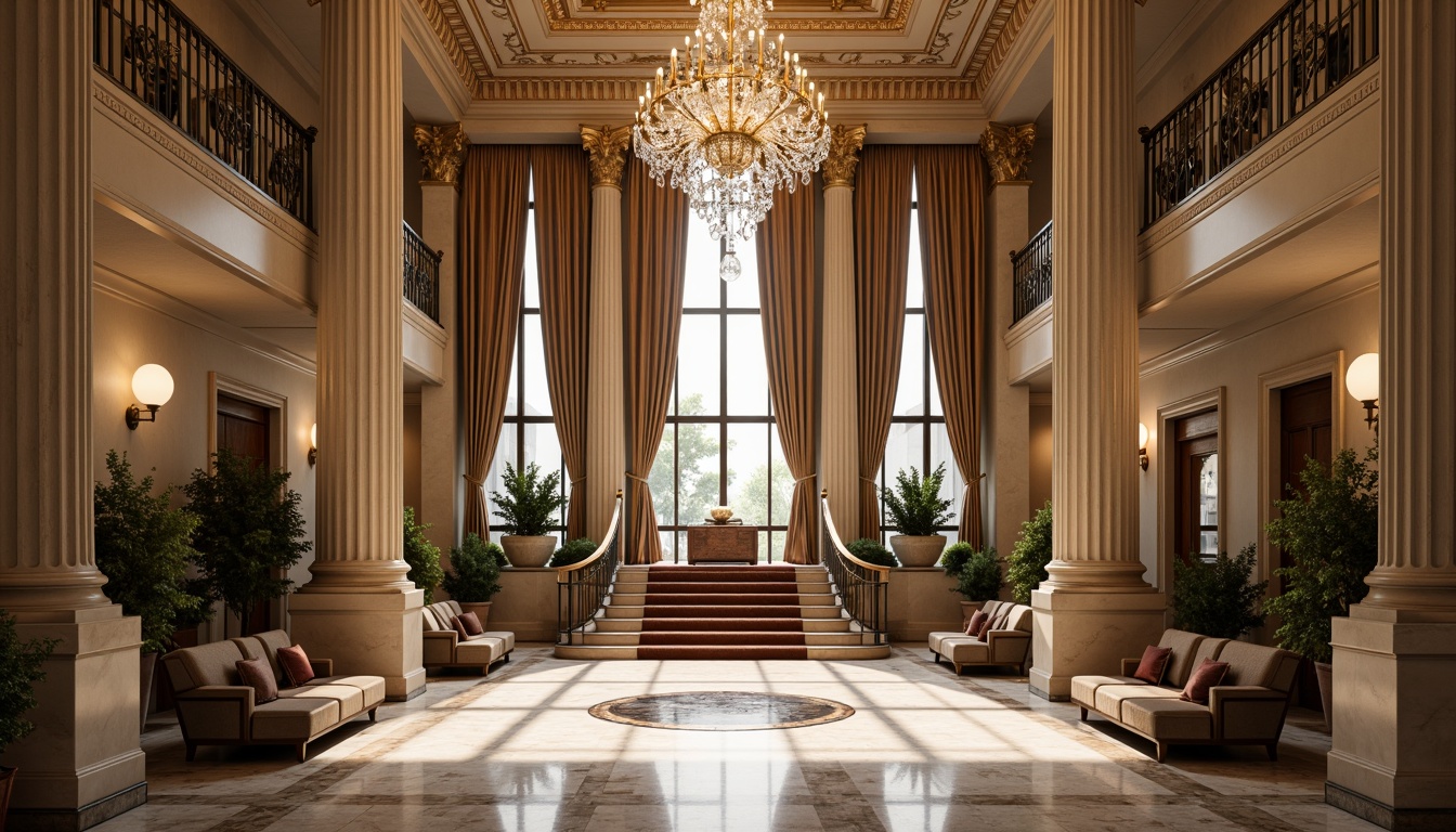 Prompt: Grand hotel entrance, neoclassical columns, ornate carvings, polished marble floors, crystal chandeliers, sweeping staircases, luxurious furnishings, velvet drapes, gold accents, intricate moldings, symmetrical composition, warm soft lighting, shallow depth of field, 1/1 aspect ratio, realistic textures, ambient occlusion.