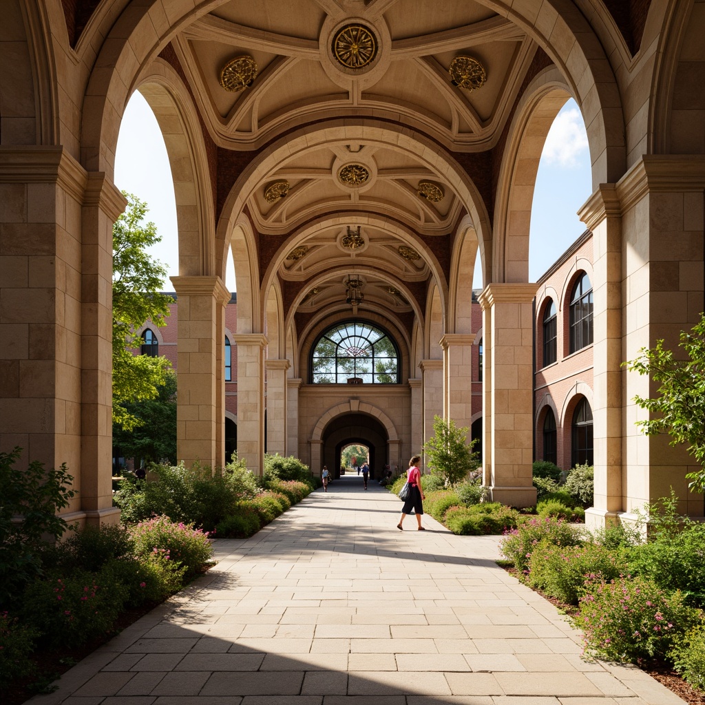 Prompt: Grand university campus, Romanesque archways, ornate stone carvings, rusticated columns, rounded arches, vaulted ceilings, intricate moldings, warm beige stonework, lush greenery, vibrant flowers, educational signage, natural stone walkways, brick buildings, historic architecture, large windows, stained glass doors, blooming trees, sunny day, soft warm lighting, shallow depth of field, 3/4 composition, panoramic view, realistic textures, ambient occlusion.