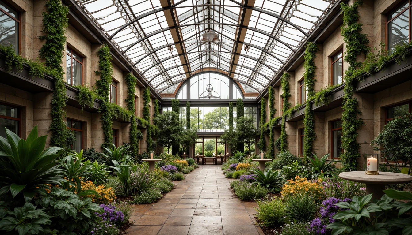 Prompt: Elegant greenhouse, lush greenery, ornate iron frames, Victorian-era inspired architecture, grand entranceways, symmetrical facades, rustic stone walls, curved glass roofs, natural ventilation systems, misting irrigation systems, tropical plants, exotic flowers, soft warm lighting, shallow depth of field, 1/1 composition, panoramic view, realistic textures, ambient occlusion, serene atmosphere, peaceful ambiance.