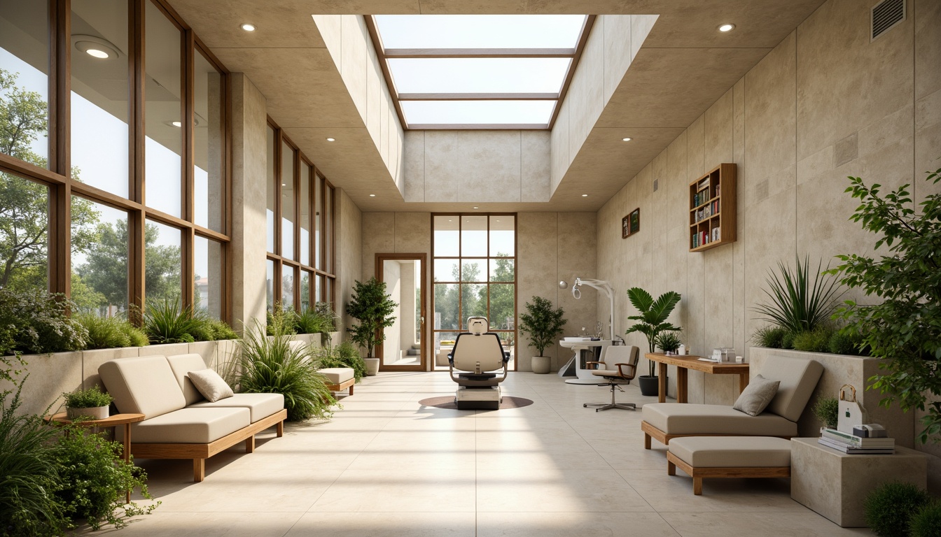 Prompt: Spacious dental clinic, natural ventilation systems, large windows, clerestory windows, skylights, green roofs, living walls, air-purifying plants, calming ambiance, soft diffused lighting, warm beige tones, minimalist decor, ergonomic furniture, stainless steel equipment, modern dental chairs, gentle color scheme, soothing atmosphere, shallow depth of field, 1/1 composition, realistic textures, ambient occlusion.