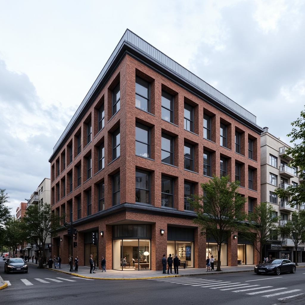 Prompt: Industrial factory building, exposed brick facade, steel frame structure, large windows, metal cladding, corrugated roofs, functional minimalism, brutalist architecture, urban landscape, busy streets, modern cityscape, cloudy sky, soft diffused lighting, shallow depth of field, 2/3 composition, realistic textures, ambient occlusion.