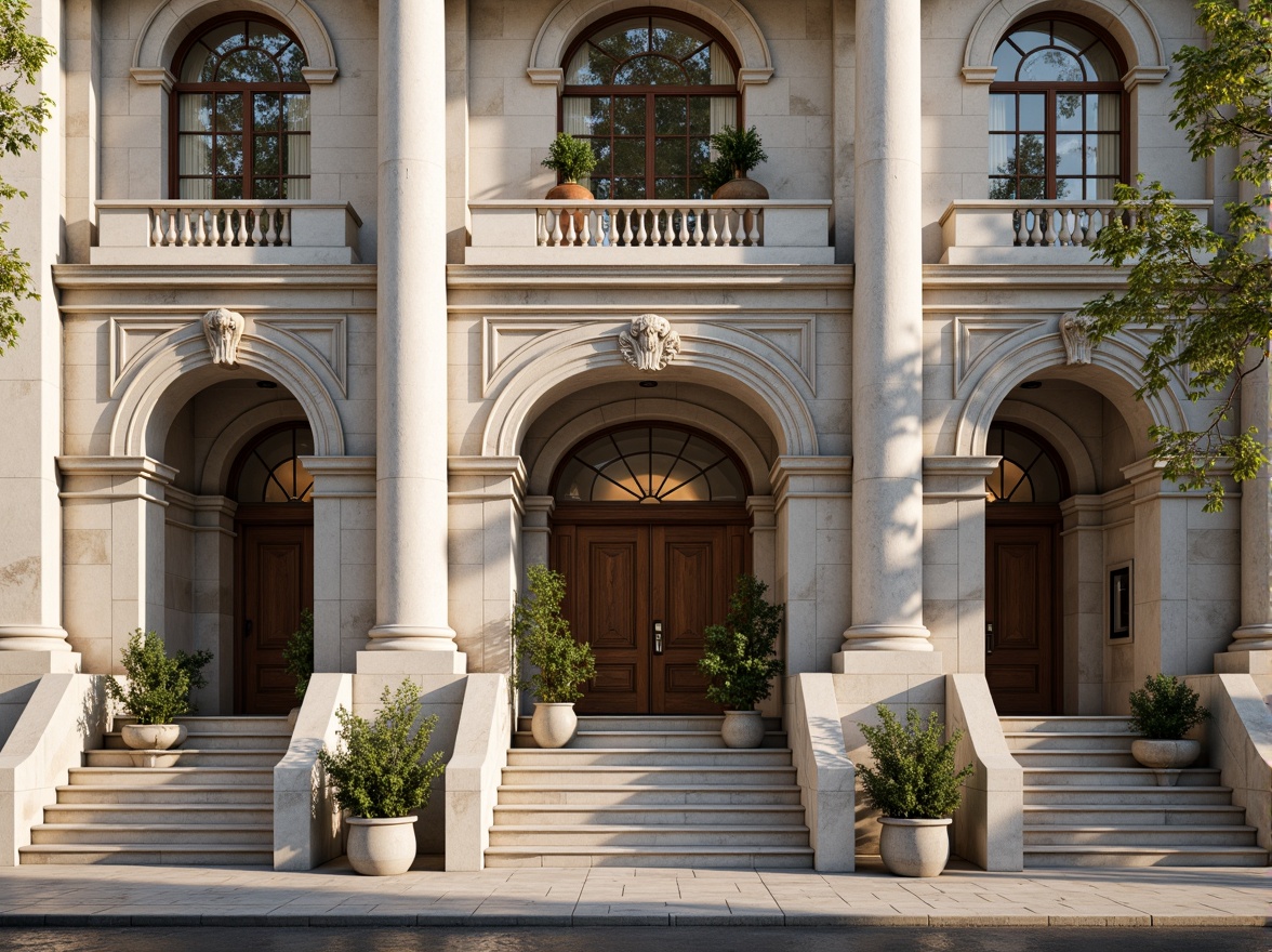 Prompt: Grandiose building facade, ornate columns, intricately carved details, symmetrical composition, classical proportions, limestone or marble materials, subtle color palette, soft natural light, warm afternoon ambiance, shallow depth of field, 2/3 composition, realistic textures, ambient occlusion, ornamental balustrades, decorative friezes, sculpted pediments, grand entranceways, sweeping staircases, elegant archways, refined moldings, luxurious ornamentation.