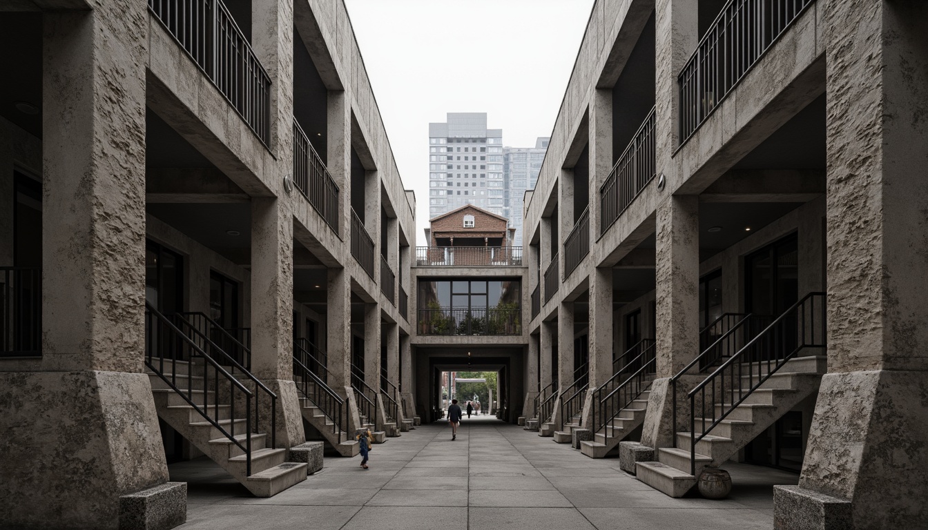 Prompt: Rough concrete walls, exposed ductwork, industrial metal beams, raw brick facades, distressed wood accents, brutalist fortress-like structures, rugged stone foundations, cold steel railings, minimalist ornamentation, functional simplicity, urban cityscape, overcast skies, dramatic shadows, high-contrast lighting, 1/1 composition, symmetrical framing, realistic material textures, ambient occlusion.