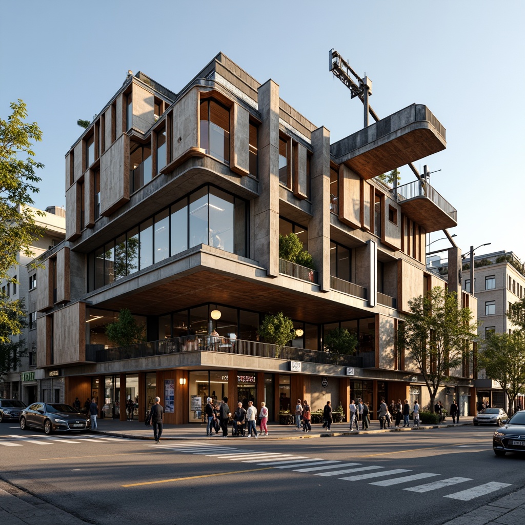 Prompt: Deconstructed coffee shop facade, irregular shapes, fragmented forms, distressed textures, industrial materials, exposed ductwork, metallic accents, reclaimed wood, abstract patterns, bold color contrasts, urban cityscape, busy street scene, morning sunlight, soft warm lighting, shallow depth of field, 1/1 composition, realistic render, ambient occlusion.