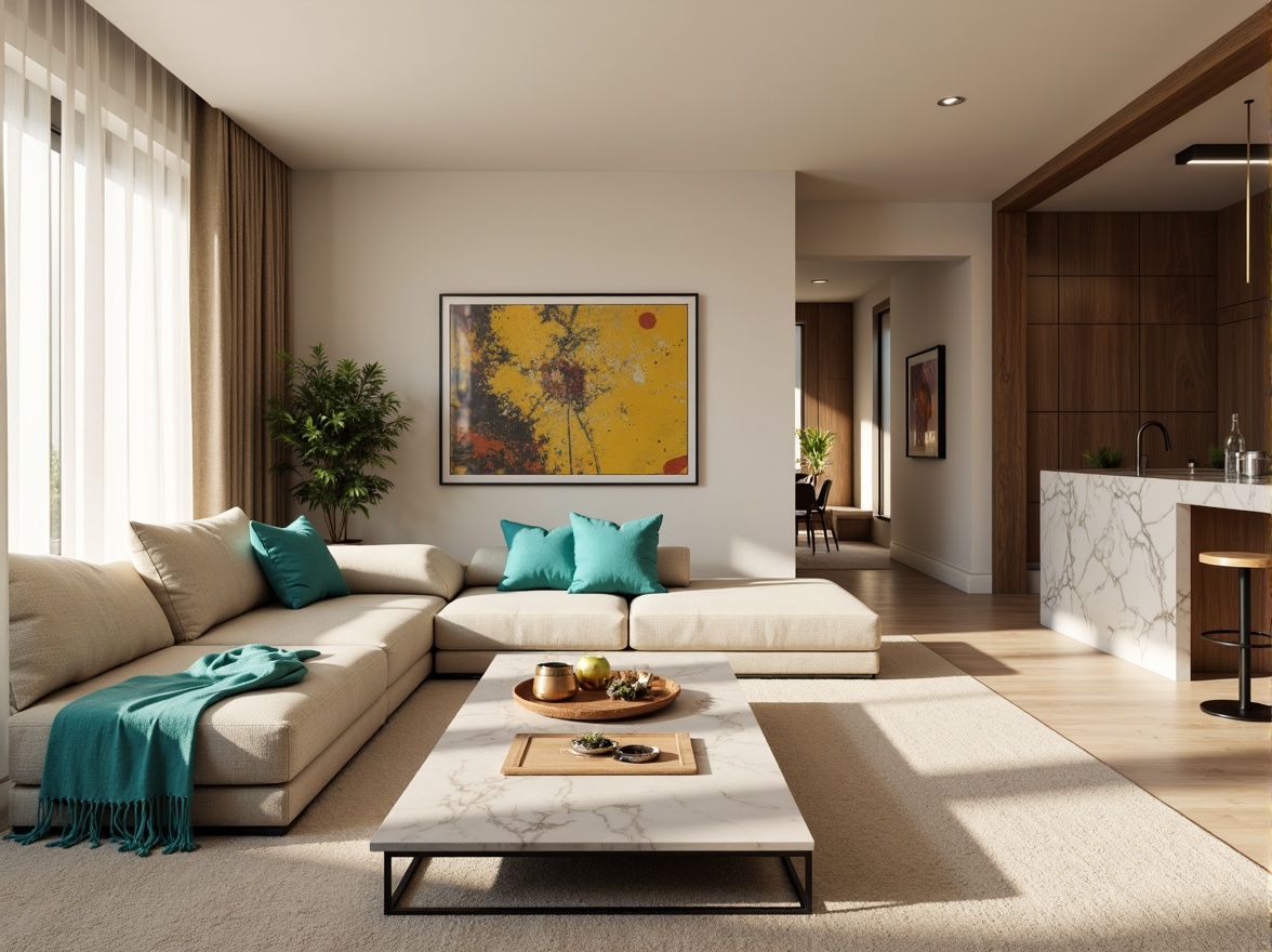 Prompt: Modern living room, sleek furniture, minimalist decor, neutral color palette, soft beige walls, rich walnut wood accents, creamy white marble countertops, bold black metal frames, vibrant turquoise throw pillows, natural linen upholstery, warm golden lighting, shallow depth of field, 1/1 composition, realistic textures, ambient occlusion.