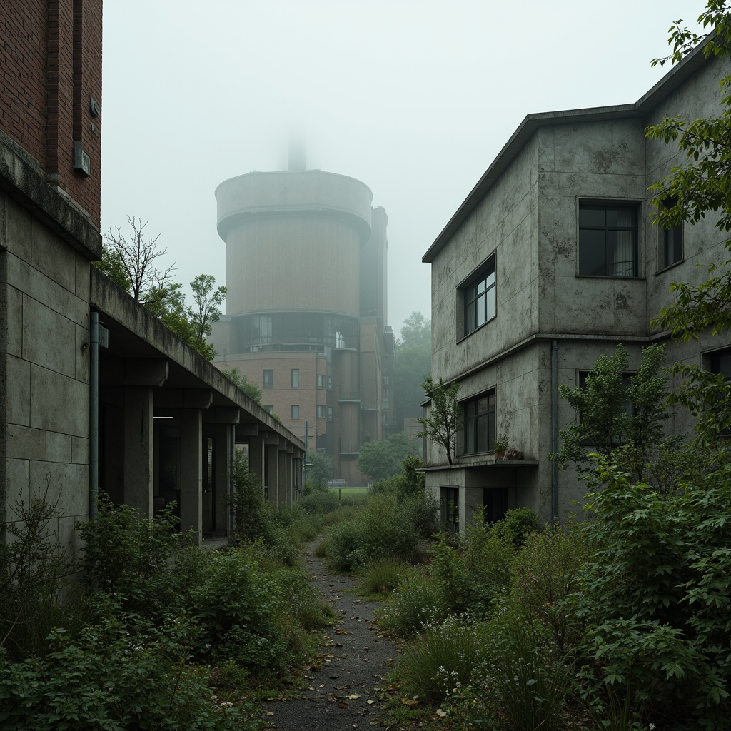 Prompt: Rugged brutalist architecture, raw concrete textures, fortress-like structures, overgrown vegetation, wildflowers, moss-covered walls, industrial landscapes, abandoned factories, crumbling brick facades, distressed metal accents, urban decay, post-apocalyptic atmosphere, dramatic lighting, low-angle shots, cinematic composition, gritty realistic renderings, atmospheric fog effects, misty mornings, eerie silence.