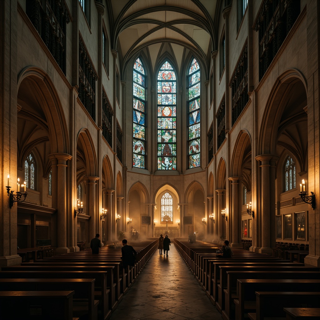 Prompt: Mysterious Gothic cathedral, khaki stone walls, ornate carvings, stained glass windows, grandiose vaulted ceilings, intricate archways, mystical ambiance, warm candlelight, eerie shadows, mysterious fog, misty atmosphere, dramatic lighting, 1/2 composition, low-angle shot, cinematic mood, rich textures, subtle grain.