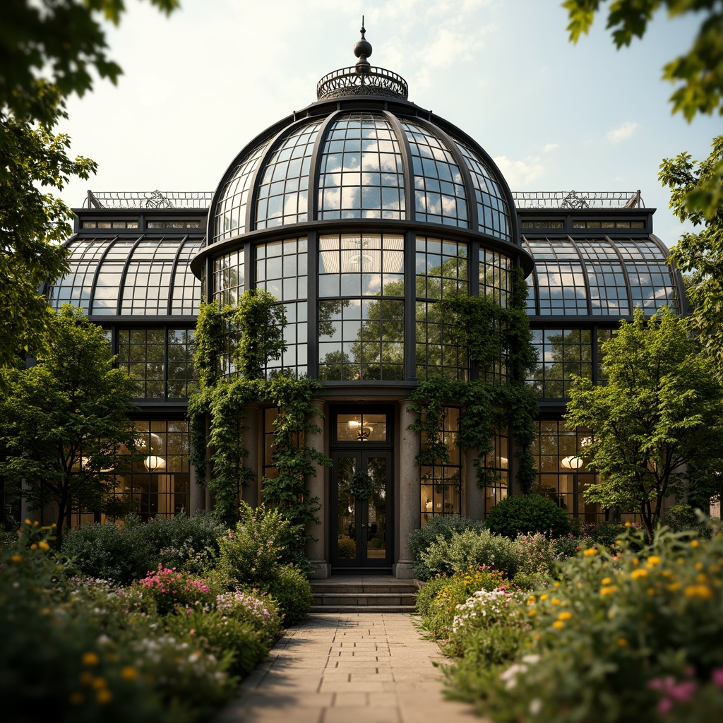 Prompt: Ornate greenhouse facade, lush greenery, elegant Victorian-era details, curved glass roofs, intricate metal frameworks, ornamental ironwork, soft natural light, warm earthy tones, rustic stone walls, climbing vines, blooming flowers, serene atmosphere, shallow depth of field, 1/1 composition, realistic textures, ambient occlusion.