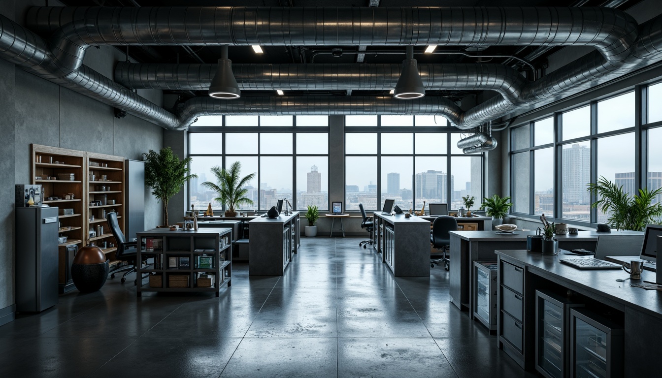 Prompt: Industrial laboratory setting, exposed ductwork, metallic pipes, concrete floors, minimalist aesthetic, functional layout, modular furniture, sleek workstations, futuristic equipment, glass partitions, neon lighting, urban cityscape, rainy day, misty atmosphere, shallow depth of field, 1/1 composition, realistic textures, ambient occlusion.