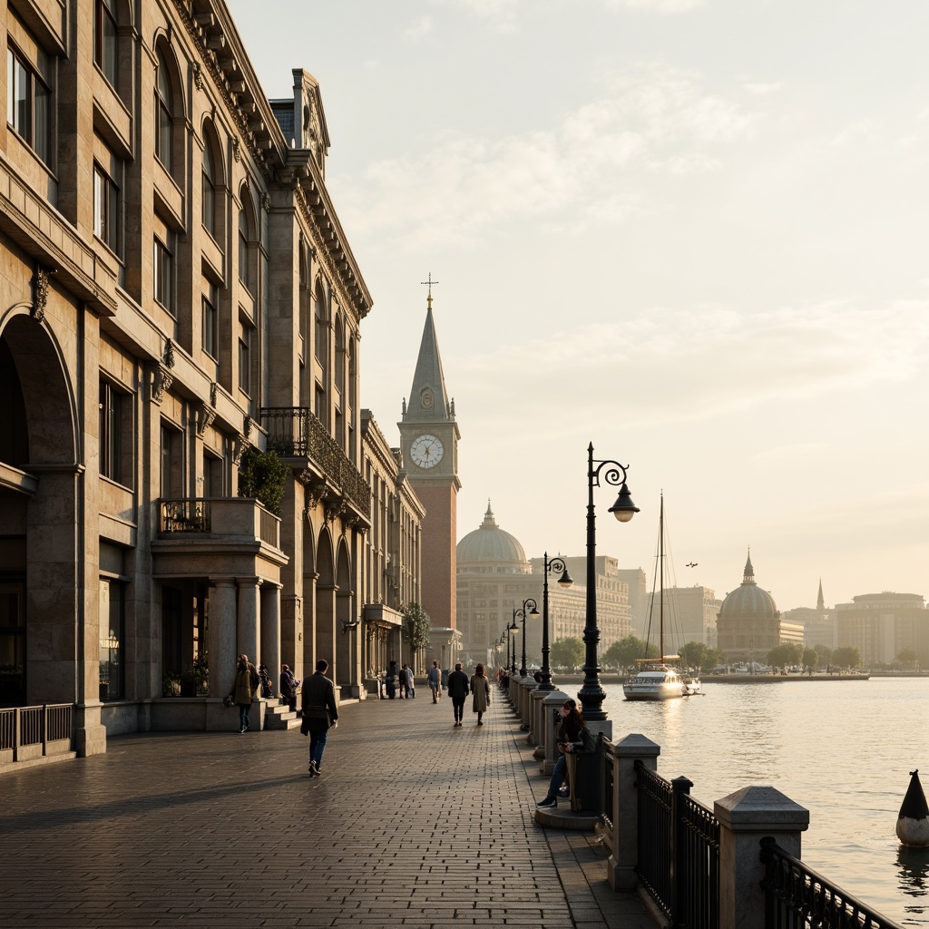 Prompt: Riverfront promenade, ornate balustrades, grandiose columns, symmetrical facades, classical arches, elegant cornices, limestone buildings, majestic clock towers, tranquil water reflections, sailboats, seagulls, misty morning atmosphere, warm golden lighting, shallow depth of field, 1/2 composition, panoramic view, realistic textures, ambient occlusion.