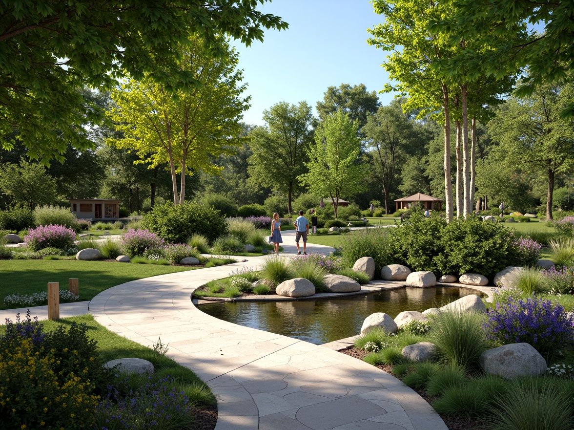 Prompt: Soothing healing garden, lush greenery, calming water features, serene walking paths, natural stone benches, vibrant flowers, gentle slopes, wheelchair-accessible ramps, sensory gardens, aromatic herbs, soft rustling leaves, warm sunny day, dappled shade, shallow depth of field, 1/1 composition, realistic textures, ambient occlusion, peaceful atmosphere.