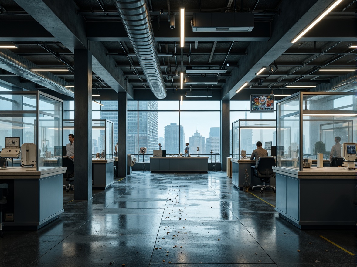 Prompt: Industrial laboratory setting, exposed ductwork, metallic pipes, concrete floors, minimalist aesthetic, functional layout, modular furniture, sleek workstations, futuristic equipment, glass partitions, neon lighting, urban cityscape, rainy day, misty atmosphere, shallow depth of field, 1/1 composition, realistic textures, ambient occlusion.