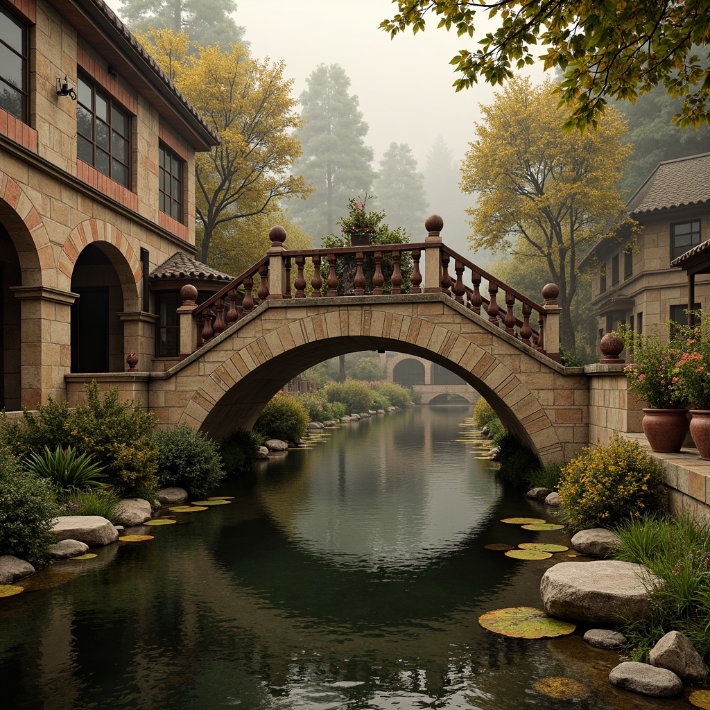 Prompt: Rustic stone bridges, ornate balustrades, weathered wooden railings, warm beige stonework, earthy red brick arches, moss-covered piers, soft golden lighting, misty atmospheric effects, serene river waters, lush greenery, vibrant floral arrangements, intricate carvings, classical architectural details, subtle texture overlays, realistic stone normal maps, cinematic camera angles, 1/2 composition, warm color grading.