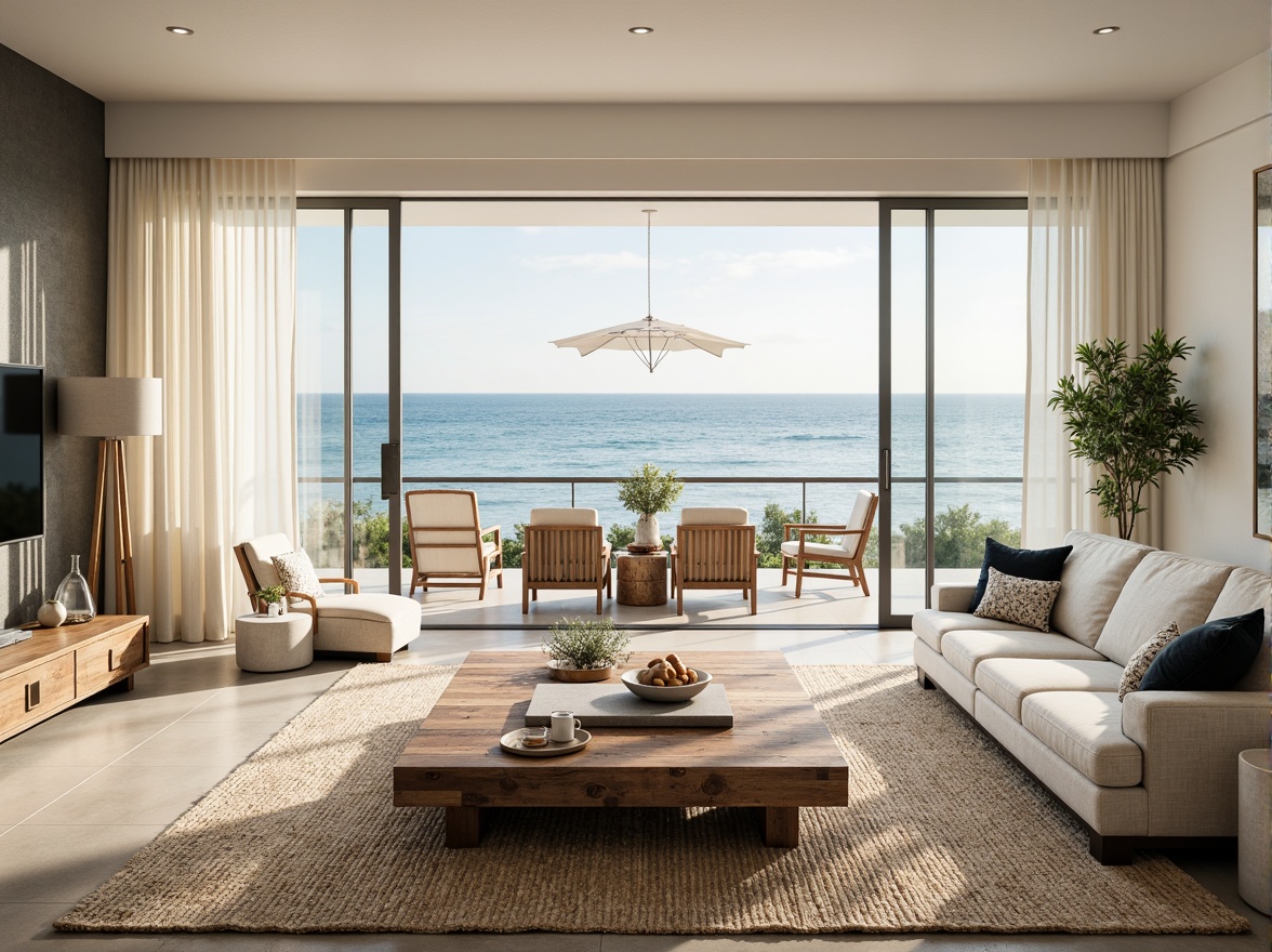 Prompt: Coastal living room, ocean-inspired color palette, driftwood accents, natural textiles, woven sea grass rugs, shell-adorned decorative pieces, floor-to-ceiling windows, sliding glass doors, beachy vibe, soft warm lighting, 1/1 composition, shallow depth of field, realistic wood textures, ambient occlusion, modern minimalist furniture, plush sectional sofas, reclaimed wood coffee tables, nautical-themed artwork, coral-patterned throw pillows, sea salt-scented candles, calming atmosphere.