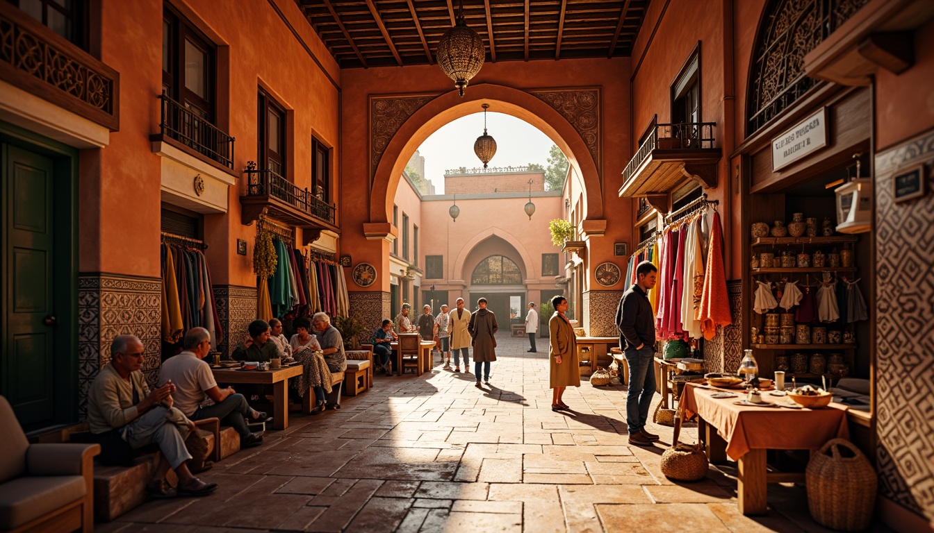 Prompt: Vibrant Moroccan souk, warm terracotta walls, intricately patterned tiles, ornate Islamic architecture, bustling marketplace atmosphere, richly colored fabrics, golden lighting, shallow depth of field, 3/4 composition, panoramic view, realistic textures, ambient occlusion.