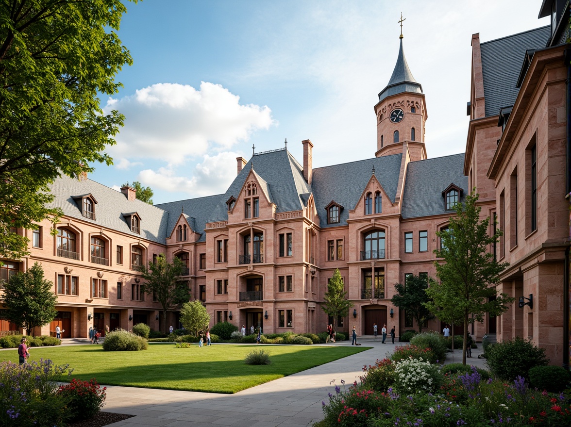 Prompt: Grand university building, ornate roof tiling, Gothic arches, ribbed vaults, flying buttresses, stained glass skylights, intricate stone carvings, classical columns, symmetrical fa\u00e7ade, imposing clock tower, lush greenery, vibrant flowers, sunny day, soft warm lighting, shallow depth of field, 3/4 composition, panoramic view, realistic textures, ambient occlusion.