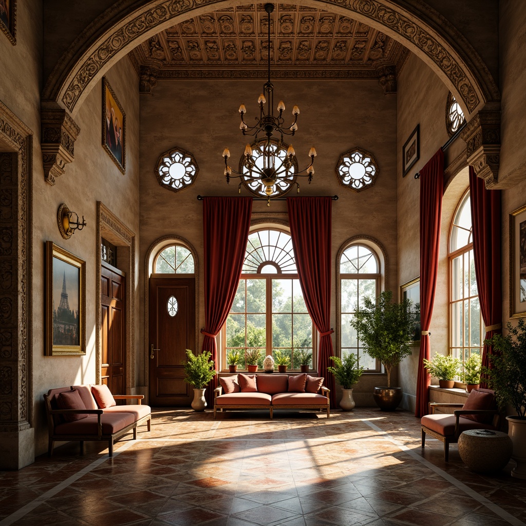 Prompt: Rustic stone walls, ornate carvings, grand archways, stained glass windows, intricate mosaics, polished marble floors, rich wood paneling, luxurious velvet drapes, ornamental metalwork, vintage furniture pieces, warm golden lighting, soft focus, shallow depth of field, 2/3 composition, symmetrical framing, realistic textures, ambient occlusion.