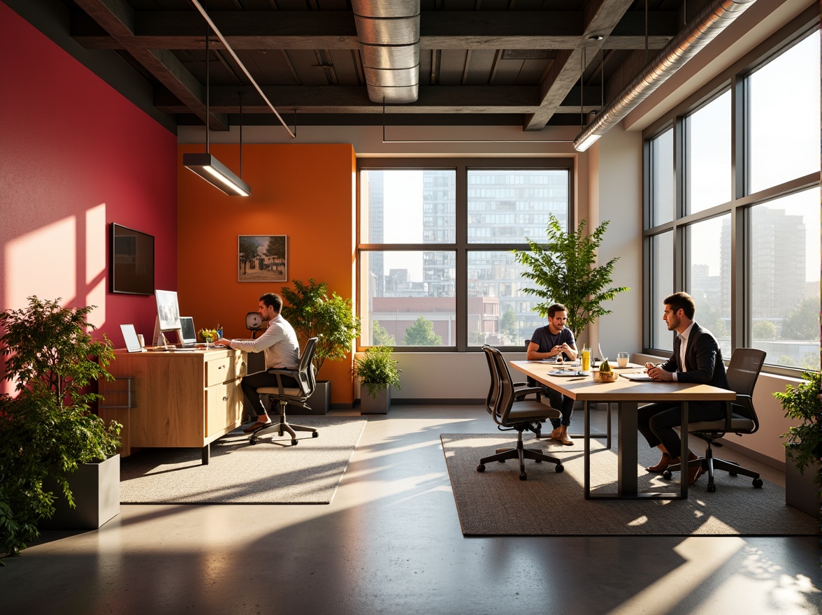 Prompt: Vibrant startup office, modern minimalist decor, bold accent walls, sleek metal furniture, ergonomic chairs, collaborative workspaces, natural wood accents, industrial chic lighting, urban cityscape views, warm sunny day, soft diffused lighting, shallow depth of field, 1/1 composition, realistic textures, ambient occlusion.