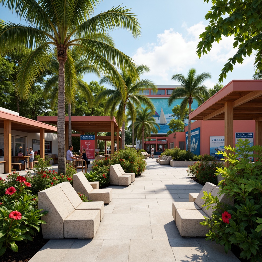 Prompt: Tropical island bus station, lush greenery, swaying palm trees, vibrant hibiscus flowers, natural stone benches, wooden shelters, nautical-themed signage, ocean-inspired murals, coral-colored buildings, modern minimalist architecture, large overhangs, shaded waiting areas, warm sunny day, soft diffused lighting, shallow depth of field, 1/1 composition, panoramic view, realistic textures, ambient occlusion.