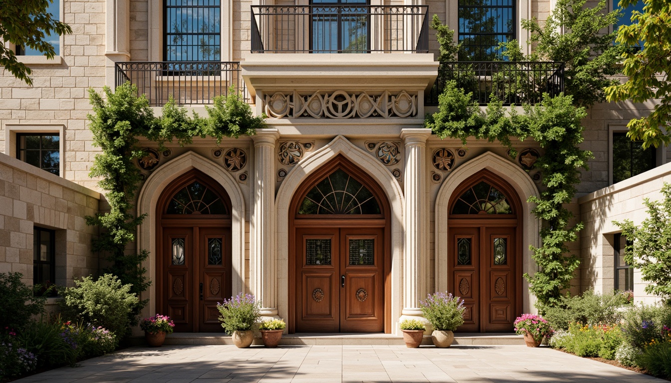 Prompt: Ornate Romanesque building, grand stone fa\u00e7ade, intricately carved arches, stained glass windows, vibrant colorful patterns, ornamental ironwork, rustic wooden doors, weathered stone walls, lush green ivy, blooming flowers, sunny afternoon, soft warm lighting, shallow depth of field, 3/4 composition, panoramic view, realistic textures, ambient occlusion.