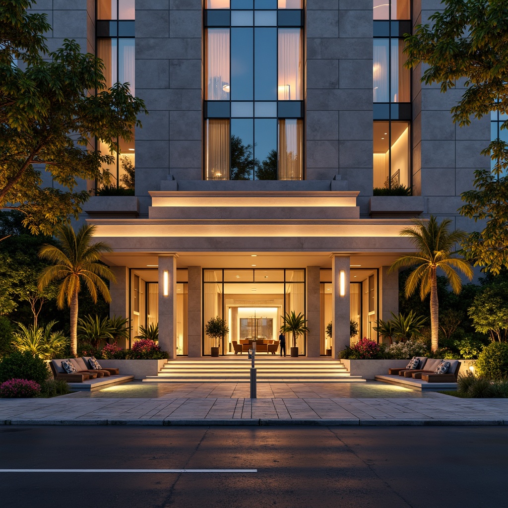 Prompt: Luxurious hotel facade, grand entrance, ornate details, warm golden lighting, inviting porte-cochere, elegant columns, sophisticated stone cladding, large glass windows, sliding doors, lavish landscaping, tropical plants, vibrant flowers, serene water features, modern minimalist design, sleek metal accents, ambient outdoor lighting, shallow depth of field, 1/1 composition, realistic textures, soft focus effect.