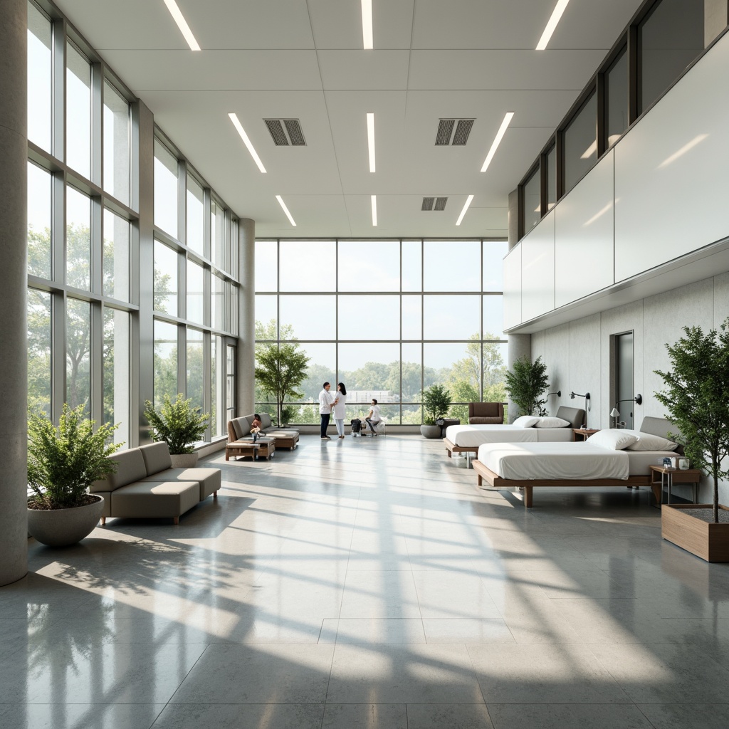 Prompt: Minimalist hospital interior, abundant natural light, floor-to-ceiling windows, sleek metal frames, polished concrete floors, calming white walls, sparse greenery, modern medical equipment, stainless steel surfaces, subtle ambient lighting, soft warm color palette, shallow depth of field, 1/1 composition, realistic textures, ambient occlusion, serene atmosphere, peaceful waiting areas, comfortable patient rooms, efficient nurse stations.