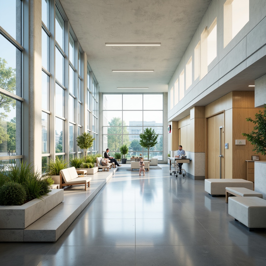 Prompt: Minimalist hospital interior, abundant natural light, floor-to-ceiling windows, sleek metal frames, polished concrete floors, calming white walls, sparse greenery, modern medical equipment, stainless steel surfaces, subtle ambient lighting, soft warm tones, shallow depth of field, 1/1 composition, realistic textures, ambient occlusion, serene atmosphere, peaceful waiting areas, comfortable patient rooms, efficient nurse stations, minimalist decor, natural stone accents, wooden furniture, gentle color palette.